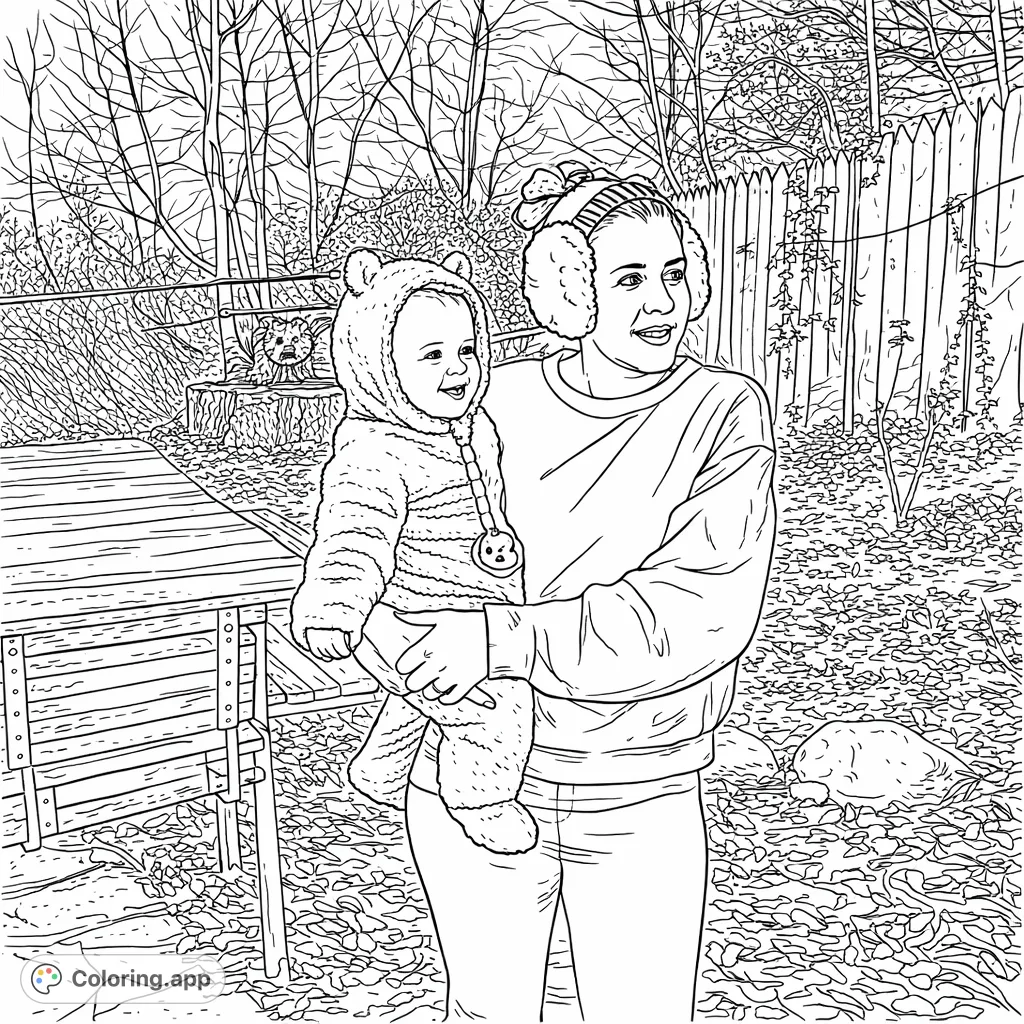A heartwarming winter scene featuring a smiling mother holding her happy baby in a fluffy animal suit, surrounded by a rustic outdoor setting.