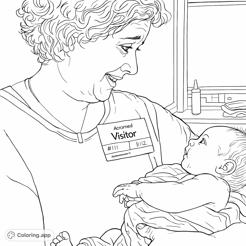 A heartwarming family coloring page featuring an adult gently cradling a newborn, capturing a moment of profound connection. Perfect for celebrating new life and family bonds.