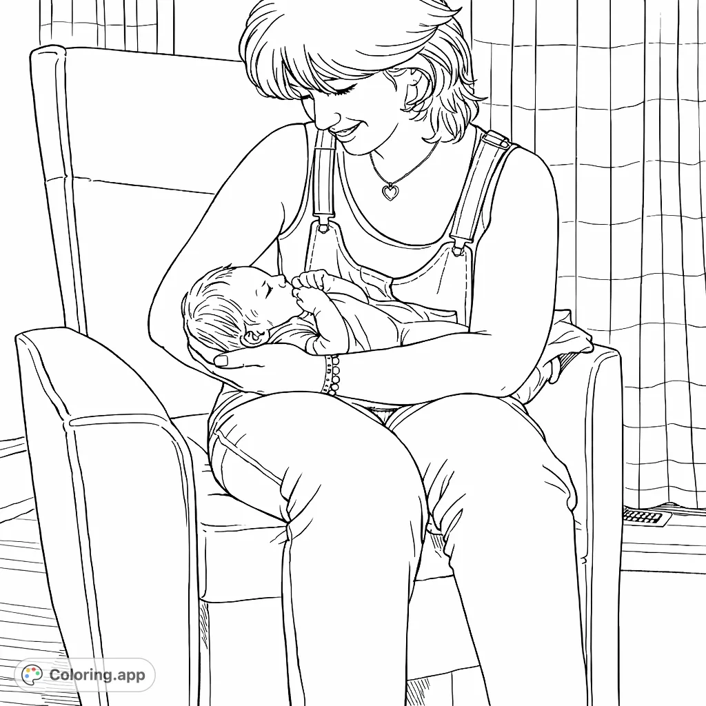 A heartwarming coloring page featuring a parent tenderly holding their newborn baby in a cozy armchair, perfect for celebrating family bonds.