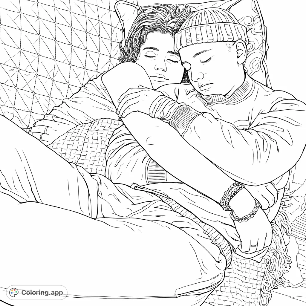 A serene coloring page depicting two individuals resting peacefully, embracing on a cozy surface, surrounded by soft textures. Perfect for relaxation.