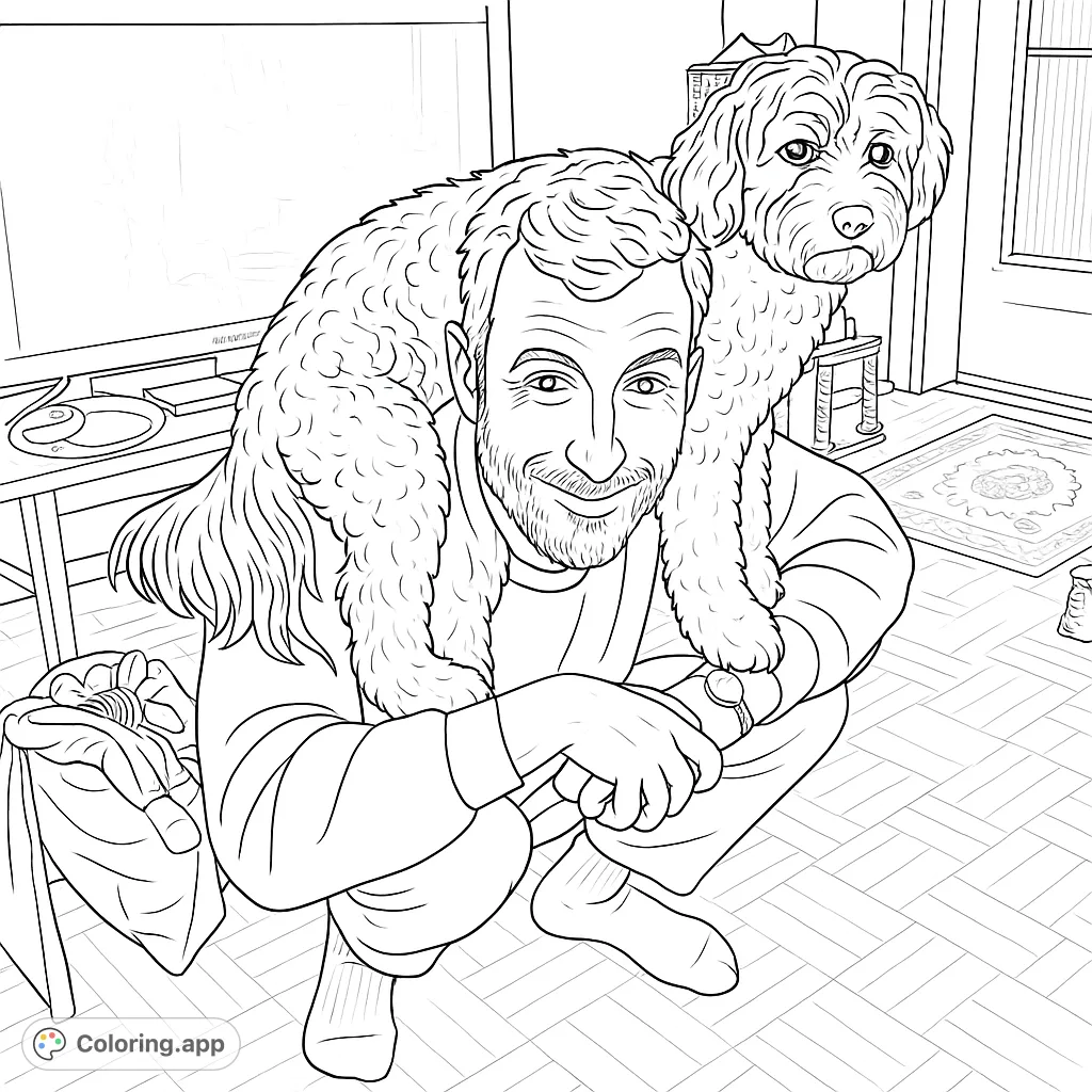 A man and his shaggy dog share a heartwarming, playful moment with the dog perched on his shoulders in a cozy home setting. Perfect for animal lovers!
