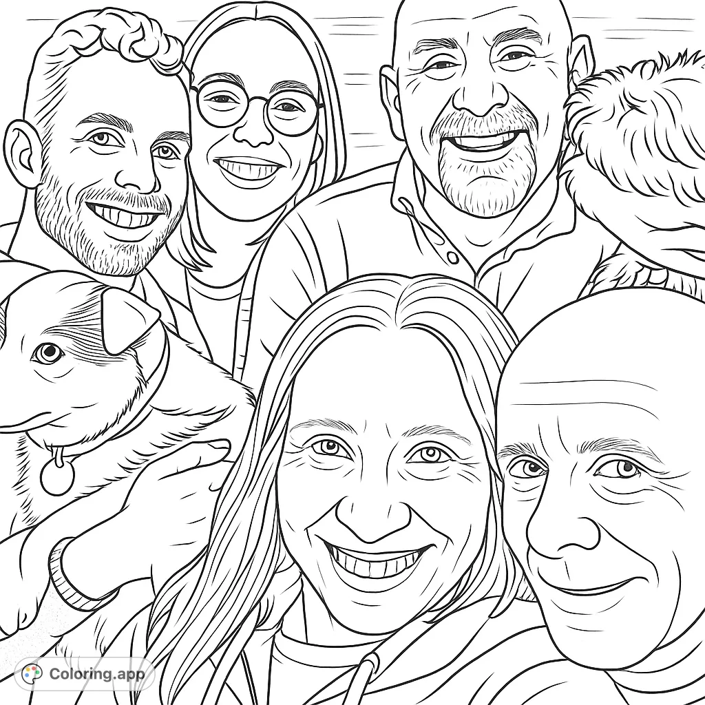 A heartwarming family portrait featuring five individuals and two dogs, gathered closely with smiles against a reflective water background, ready for your artistic touch.