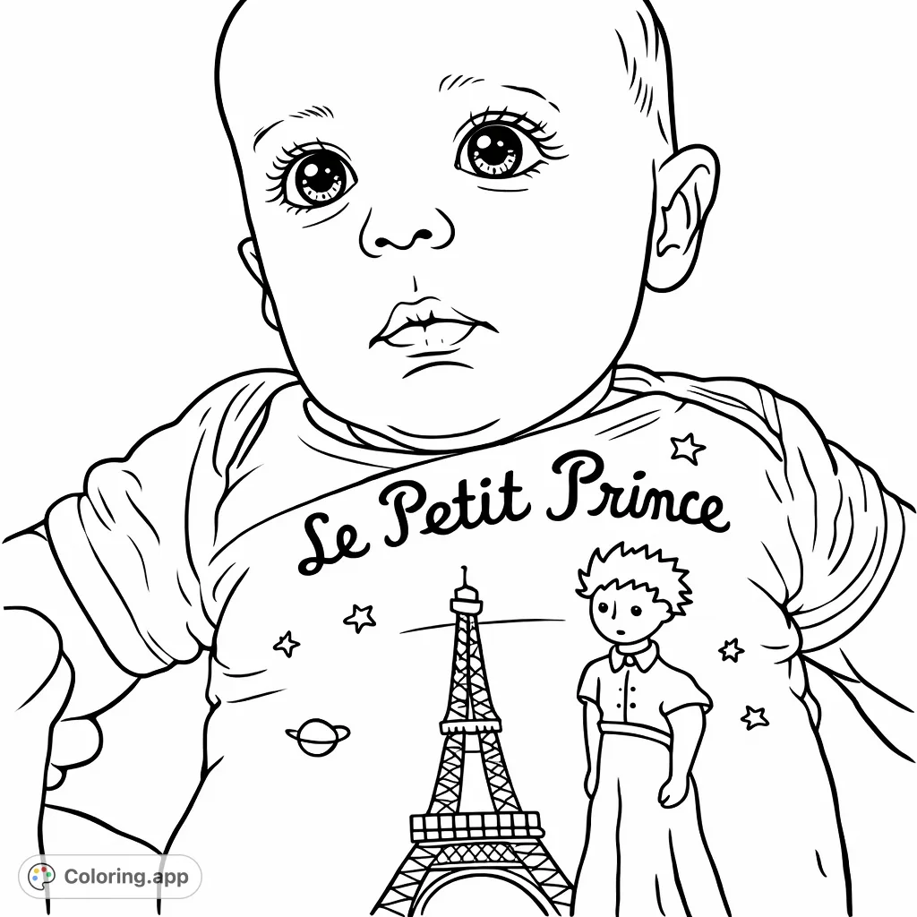 A delightful baby coloring page featuring an adorable infant wearing a "Le Petit Prince" themed onesie with the Eiffel Tower and character illustration.