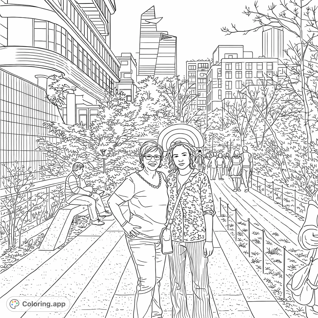 Explore an urban high line scene with two distinctive figures and a bustling city skyline. A detailed coloring page offering a blend of architecture and nature.