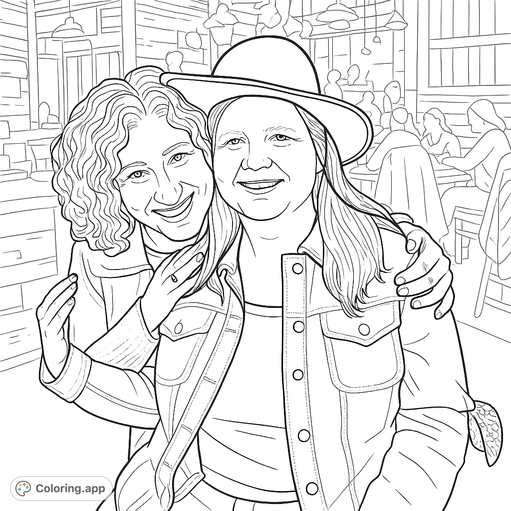 A heartwarming scene of two smiling friends embracing, with detailed clothing and a cozy indoor setting. Perfect for capturing friendship and warmth.