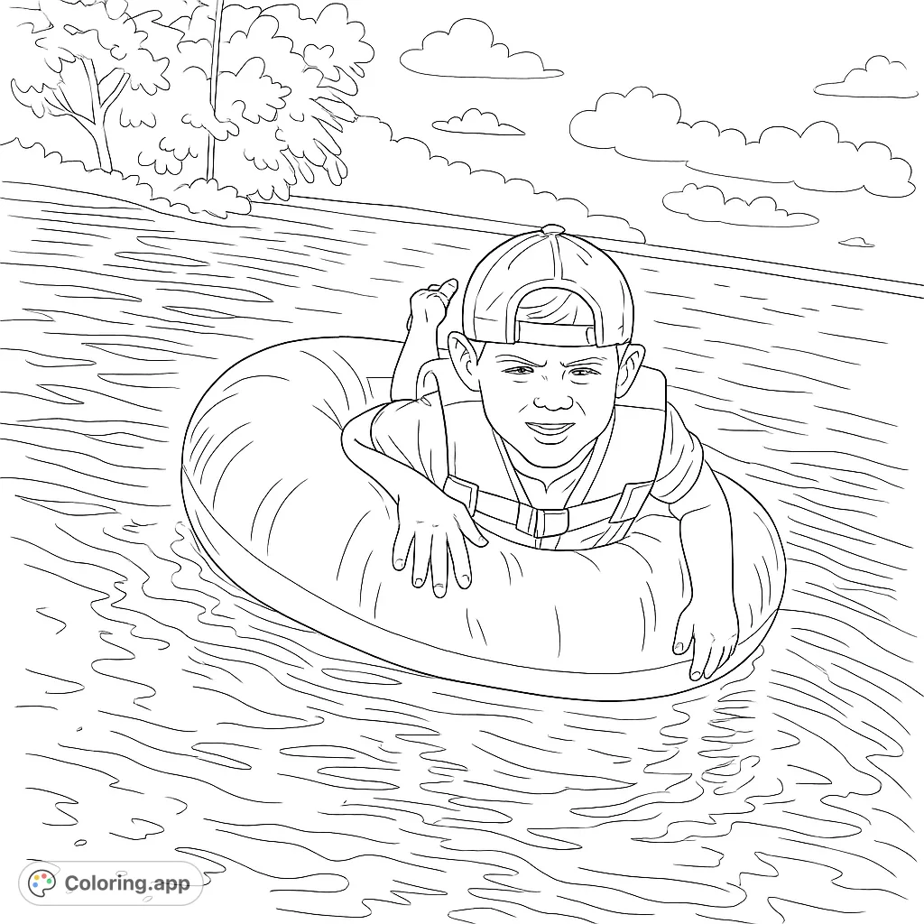 A cheerful boy enjoys a relaxing float on a large inflatable tube in a body of water, perfect for a sunny day adventure coloring page.