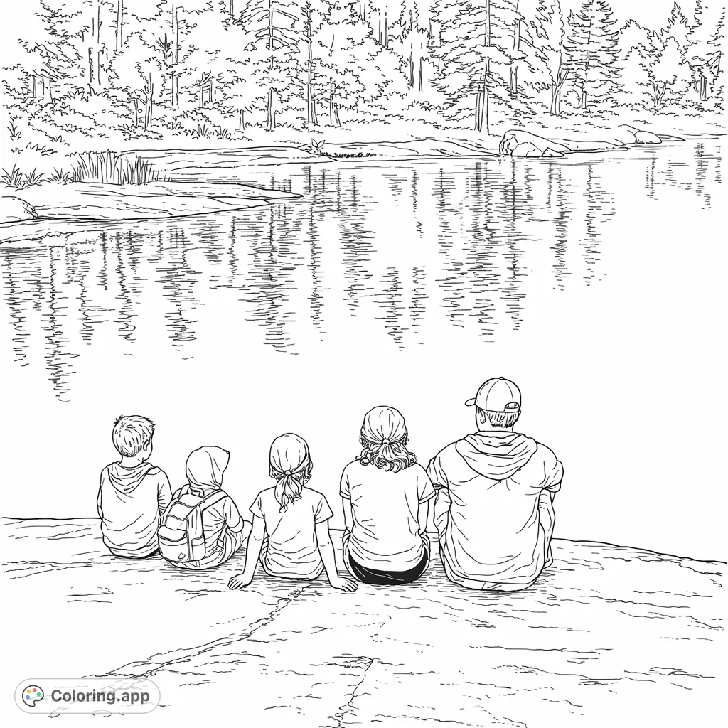 A serene lakeside scene featuring a family seated on a textured rock, gazing at the tranquil water and distant forest. A peaceful nature coloring page.