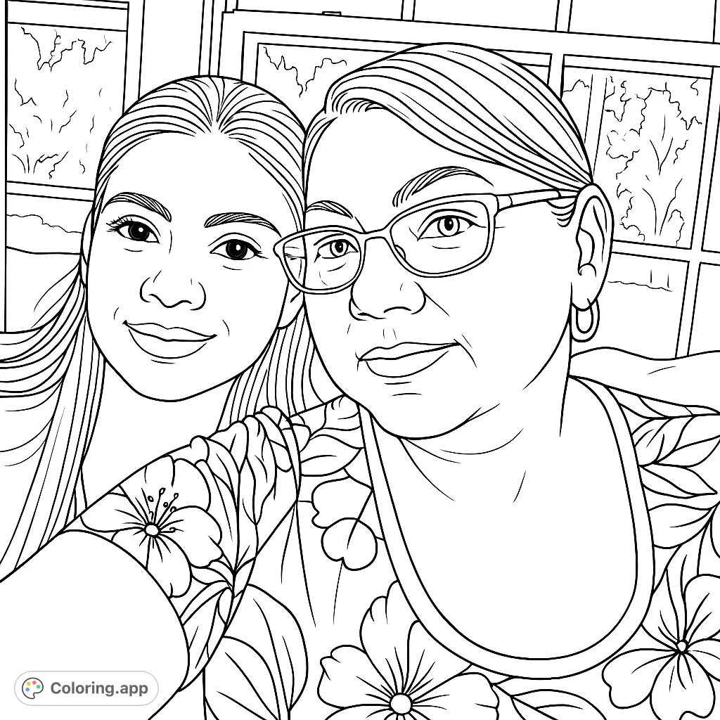 Capture the warmth of companionship with this portrait coloring page featuring two women. Intricate floral patterns on clothing add detail for a delightful coloring experience.