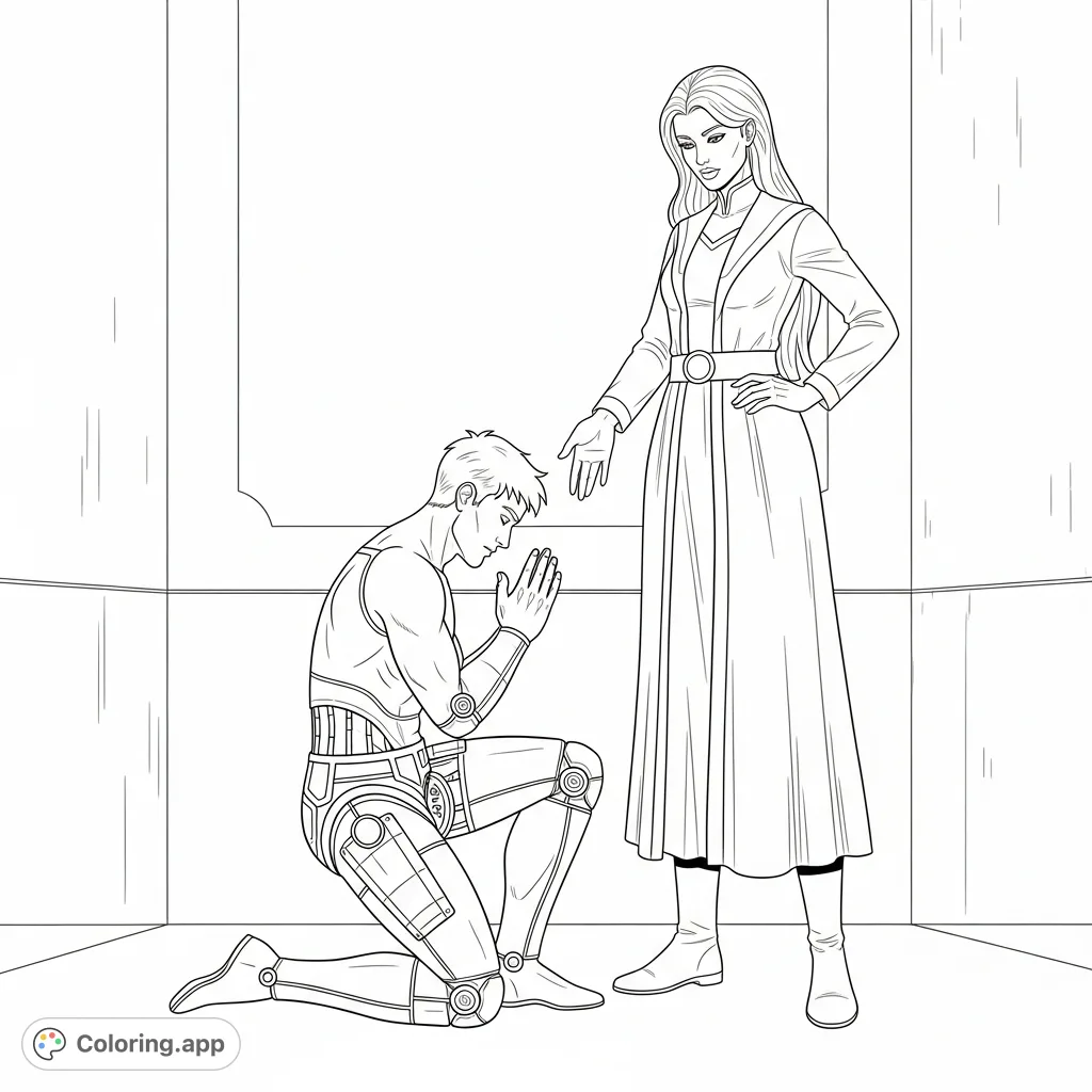 A powerful female figure oversees a kneeling male submissive wearing a unique device. This adult coloring page offers a nuanced scene for focused introspection.