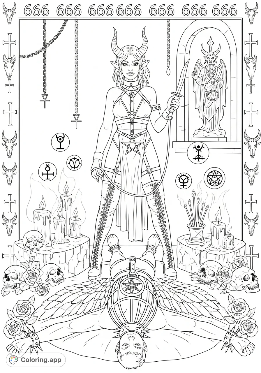 Explore a darkly elegant occult scene featuring a bound figure on a stone altar and a horned priestess. Intricate details of skulls, serpents, and demonic sigils await your touch.