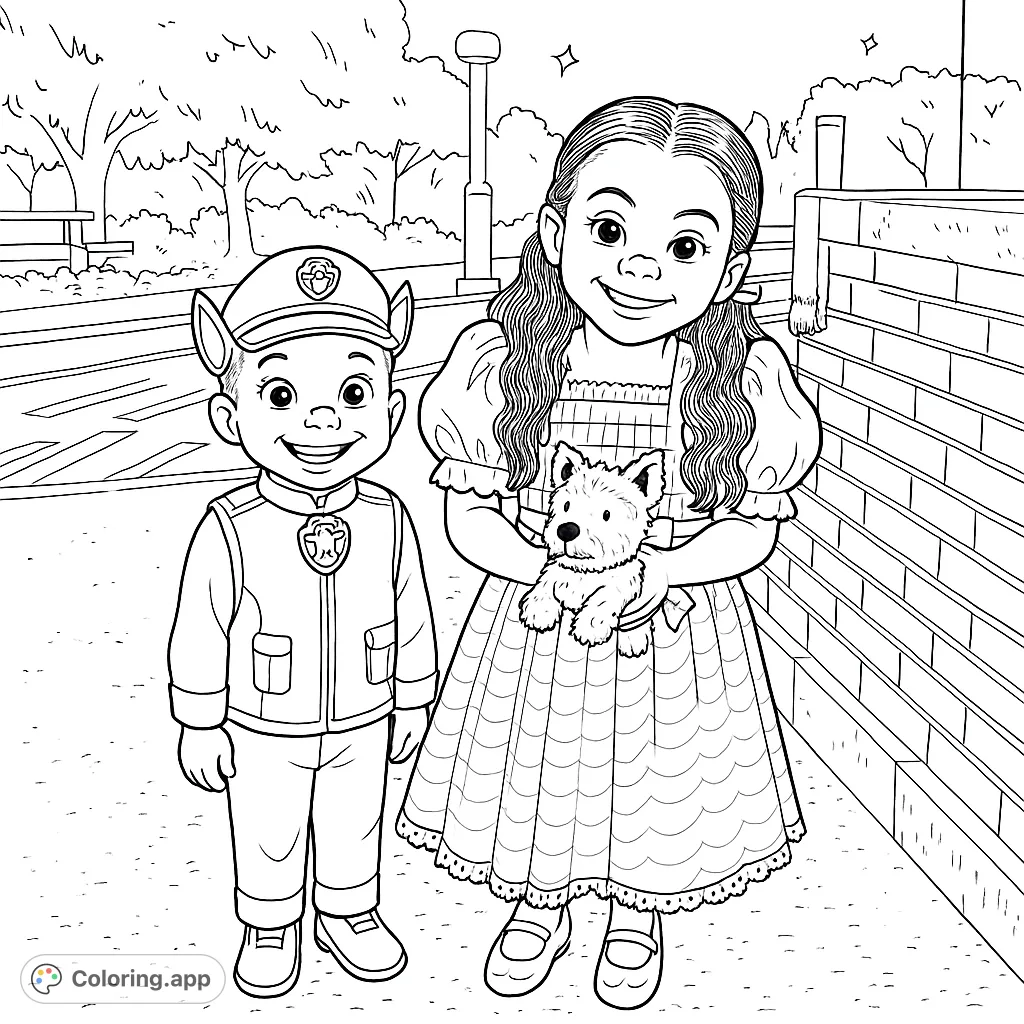 Two happy children in detailed costumes, a police pup and a classic story character with her furry friend, ready for a fun evening of imaginative play.