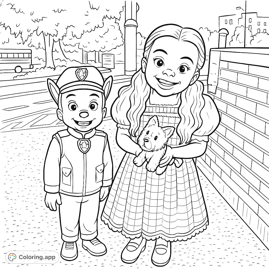 Two delightful children in playful costumes: a police officer and a gingham-dressed girl with her toy companion. A fun Halloween or dress-up scene for all ages.