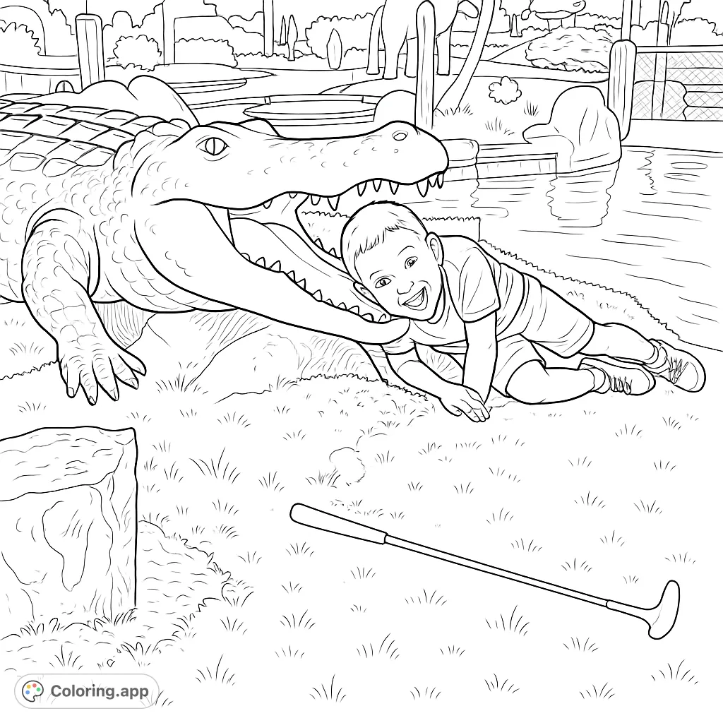 A cheerful boy poses with a giant alligator statue at a mini-golf course, ready for adventure in this exciting alligator coloring page.
