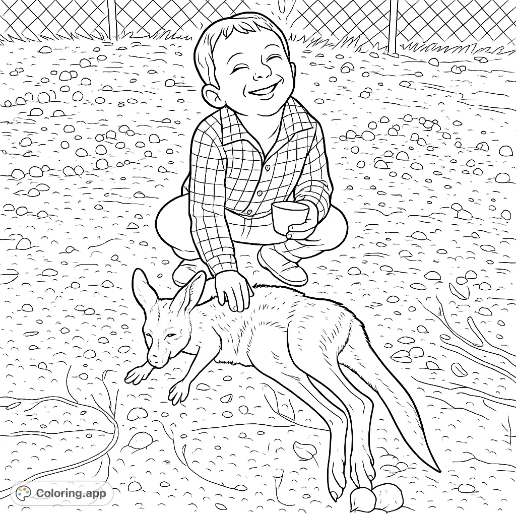 A heartwarming coloring page featuring a smiling boy gently petting a relaxed baby kangaroo on textured ground, with nature elements and a fence in the background.