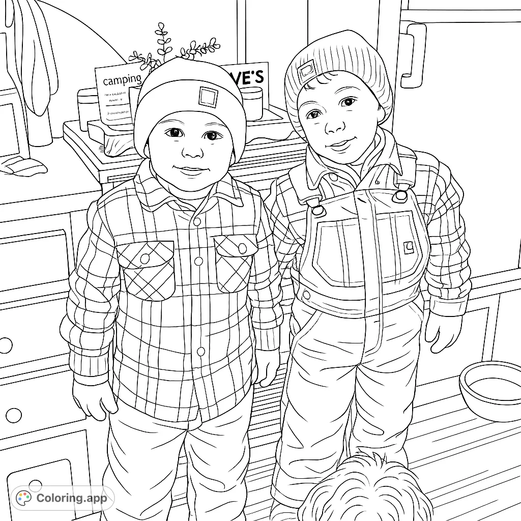 Two cheerful young boys in warm plaid shirts and beanies, one in overalls, stand in an inviting indoor setting. A fun portrait ready for your creative touch.