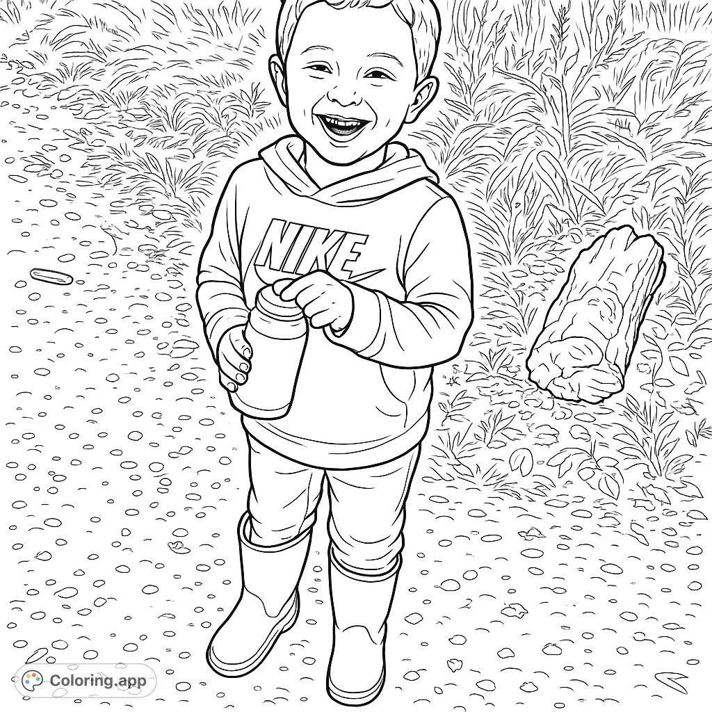 Capture the joy of a smiling child standing on a gravel path, holding a lidded beverage. A delightful nature scene, ready for your creative touch.