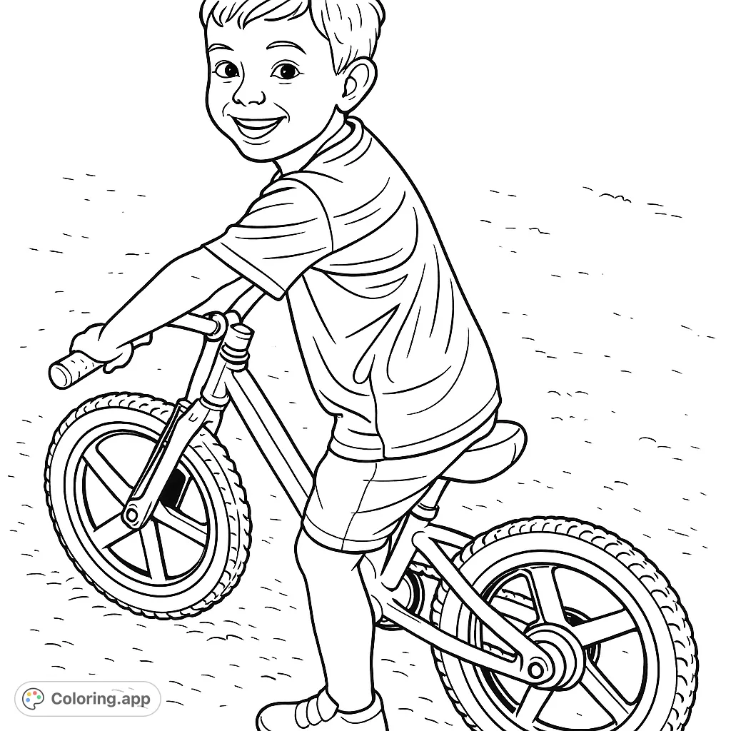 A joyful young boy learning to ride his balance bike on a gravel path. Perfect for practicing fine motor skills and bringing a sense of adventure to life.
