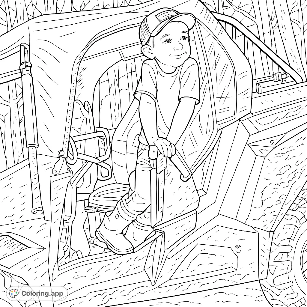 A joyful boy enjoys an off-road adventure in a mud-splattered vehicle amidst a forest. Perfect for young explorers and outdoor enthusiasts!