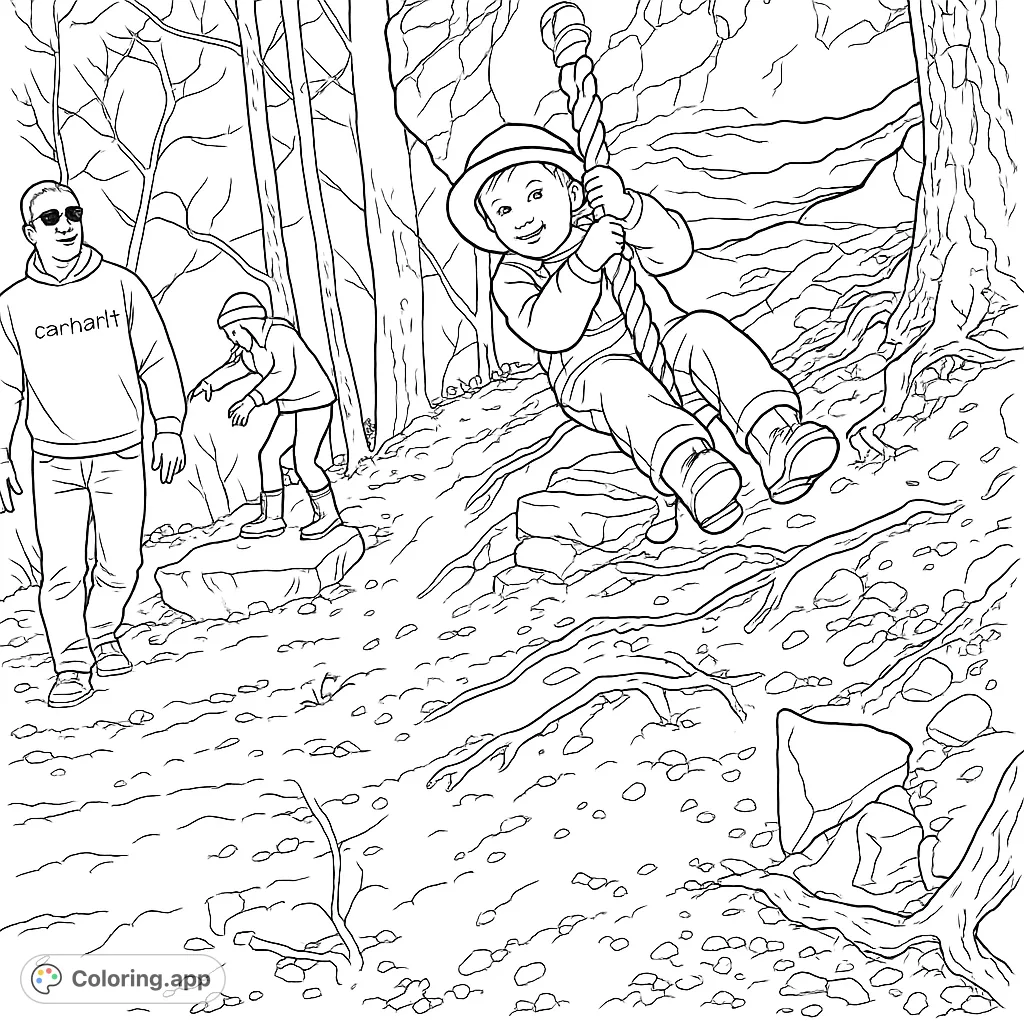 A lively outdoor scene featuring a child swinging on a rope, another exploring rocks, and an adult watching. Perfect for family adventure coloring page fun.