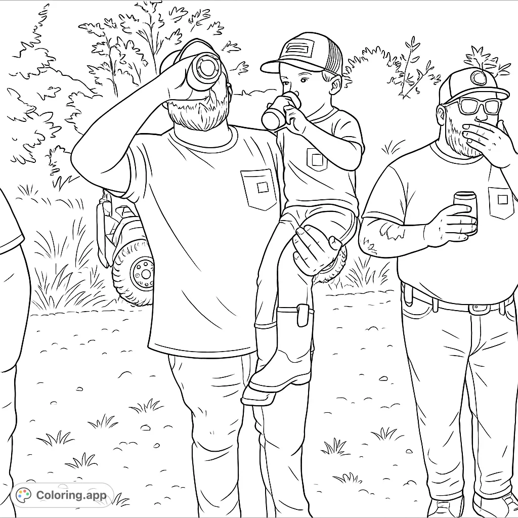 Capture a rugged outdoor scene with men and a child taking a break on a dirt trail, featuring an ATV in the background. Perfect for adventurous spirits.