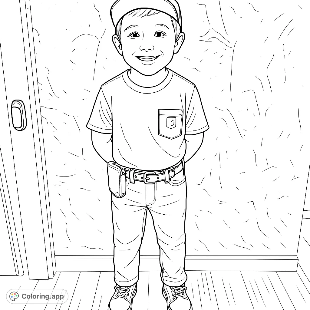 A cheerful young boy in a cap and workwear, featuring a utility pouch, standing ready for adventure. A fun and engaging coloring page for all ages.