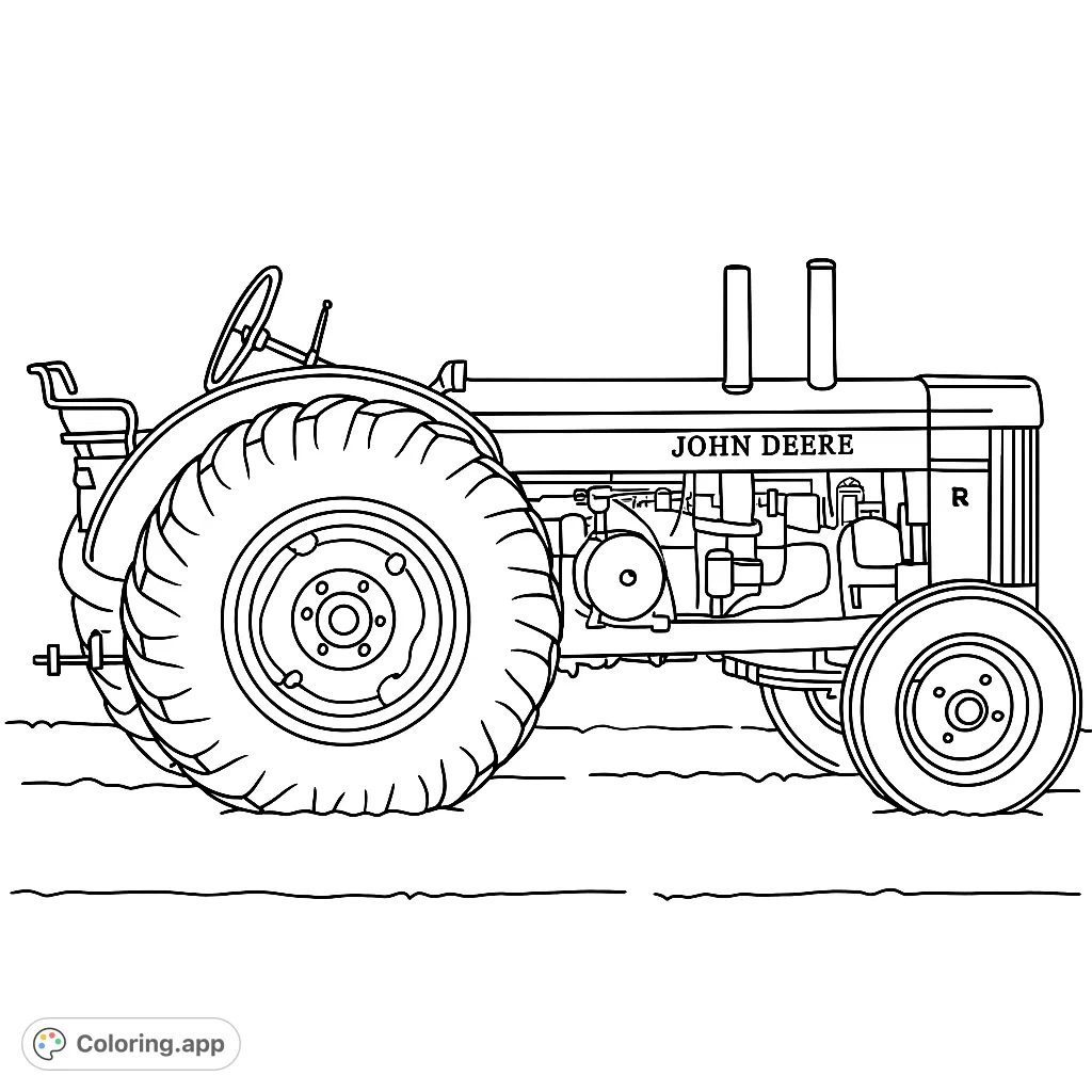 Color a classic farm tractor with detailed engine parts and rugged wheels, set against a grassy field. Perfect for enthusiasts of vintage machinery.