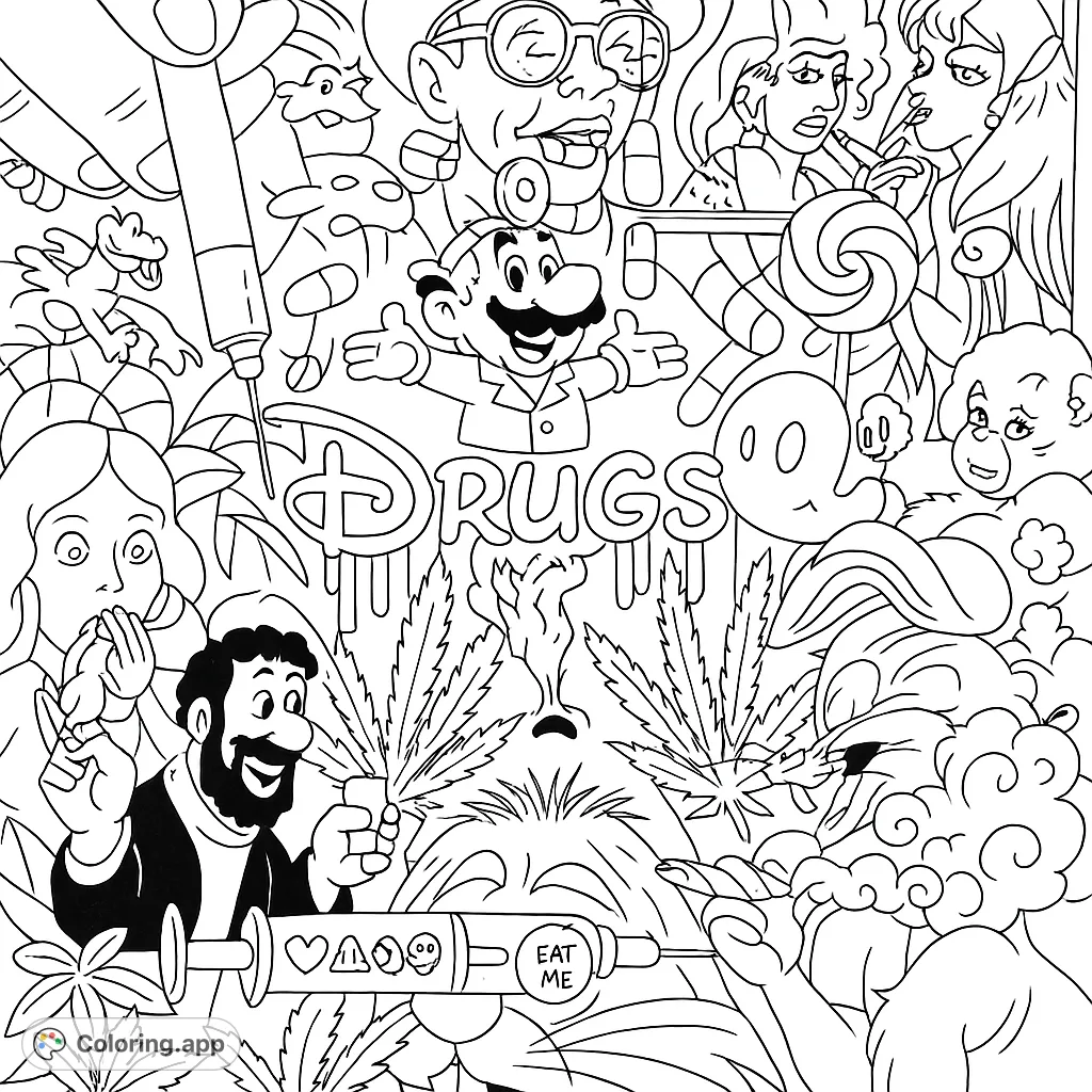A vibrant, complex coloring page featuring an unconventional mix of cartoon characters, pop culture icons, and symbolic elements, offering a unique creative challenge.