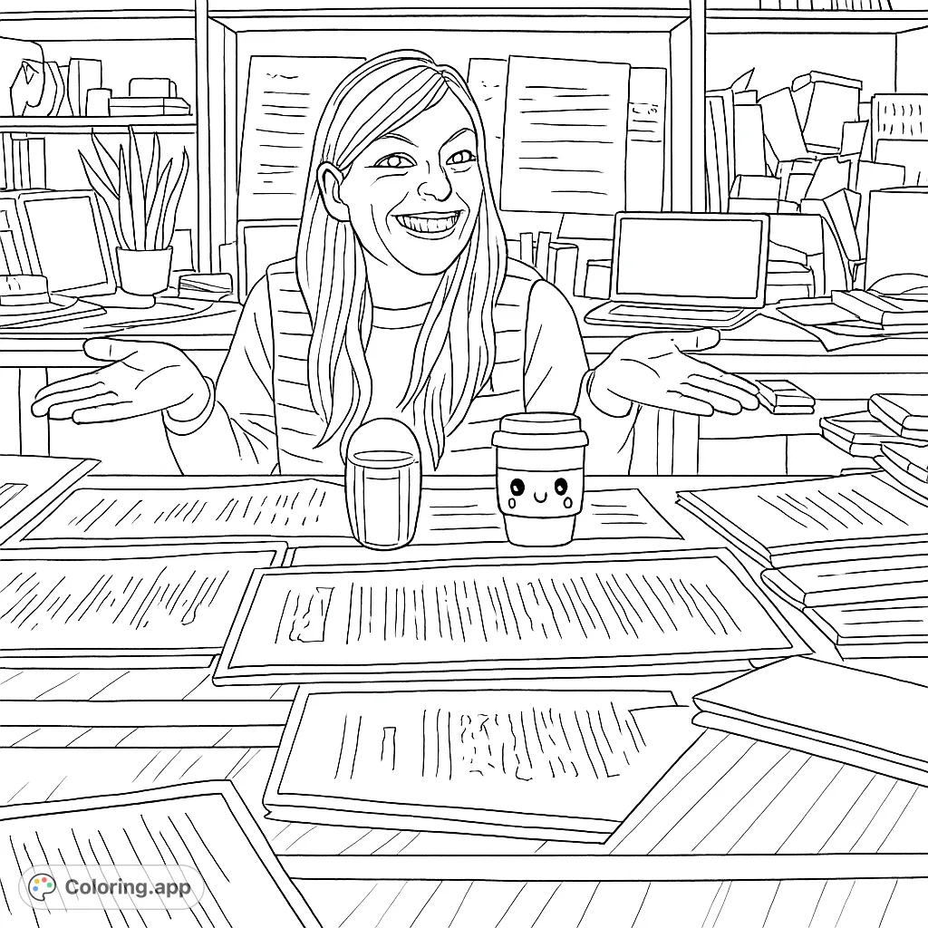 A friendly woman smiles at a cluttered office desk, surrounded by papers and a whimsical coffee cup. Perfect for a detailed work-day coloring page adventure.