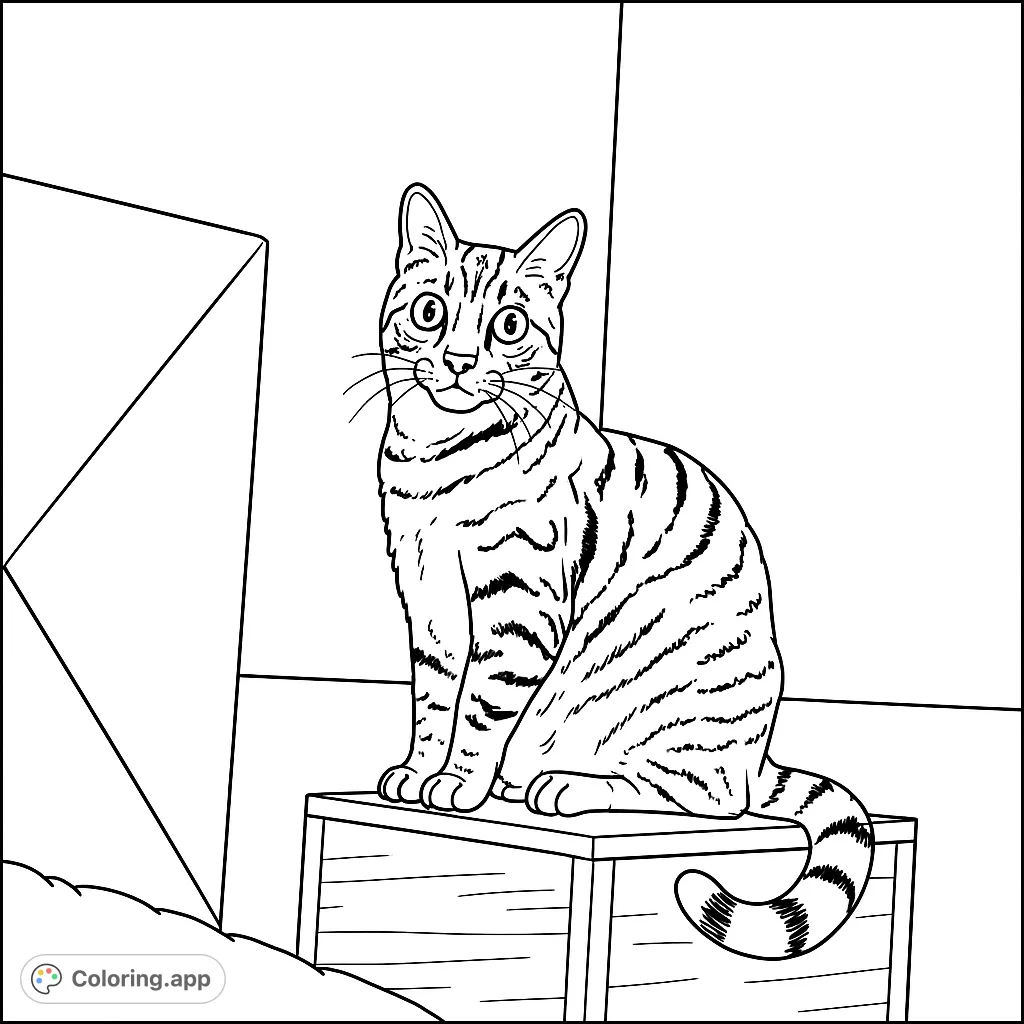 Color a charming striped cat sitting alertly on a shelf, with a textured background. A perfect animal coloring page for pet lovers to personalize.