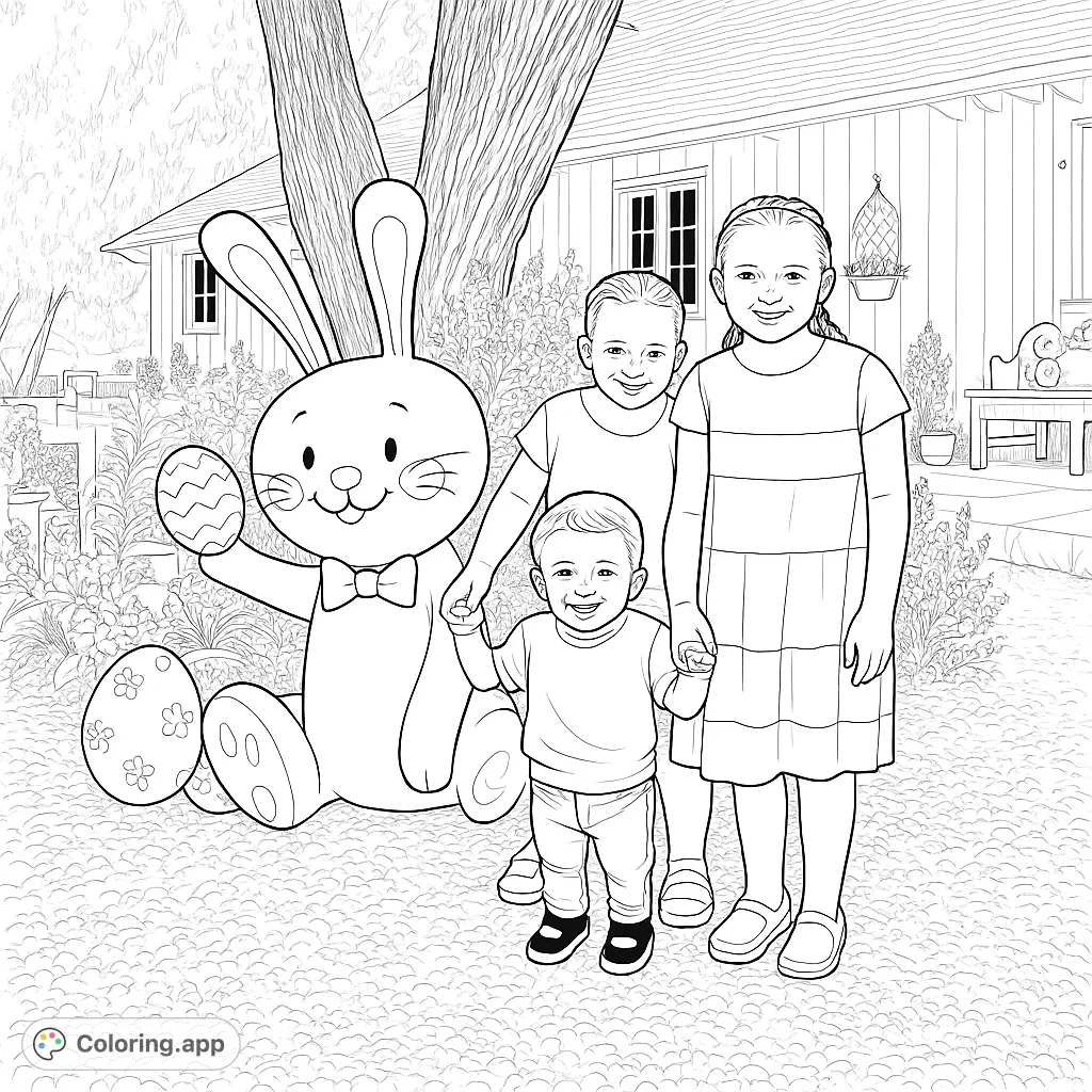 A delightful Easter scene featuring a joyful inflatable bunny alongside three cheerful children, surrounded by festive decorative eggs and garden blossoms.
