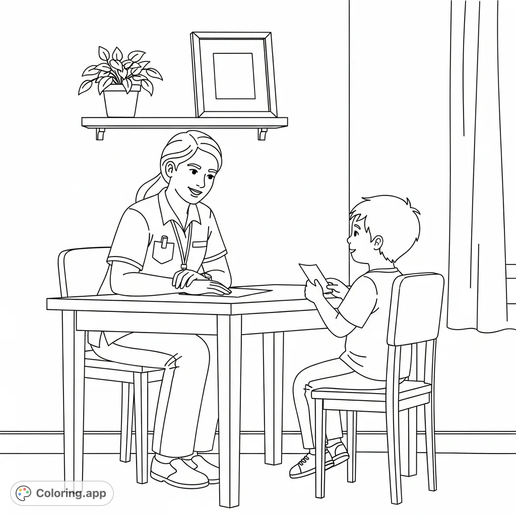 A comforting DCBS worker and child sharing a moment of friendly interaction, perfect for understanding support systems. Engage in this free printable coloring page.