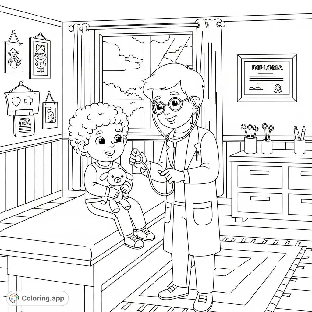 A heartwarming doctor visit coloring page featuring a cheerful child and a friendly doctor in a welcoming office, perfect for young artists.