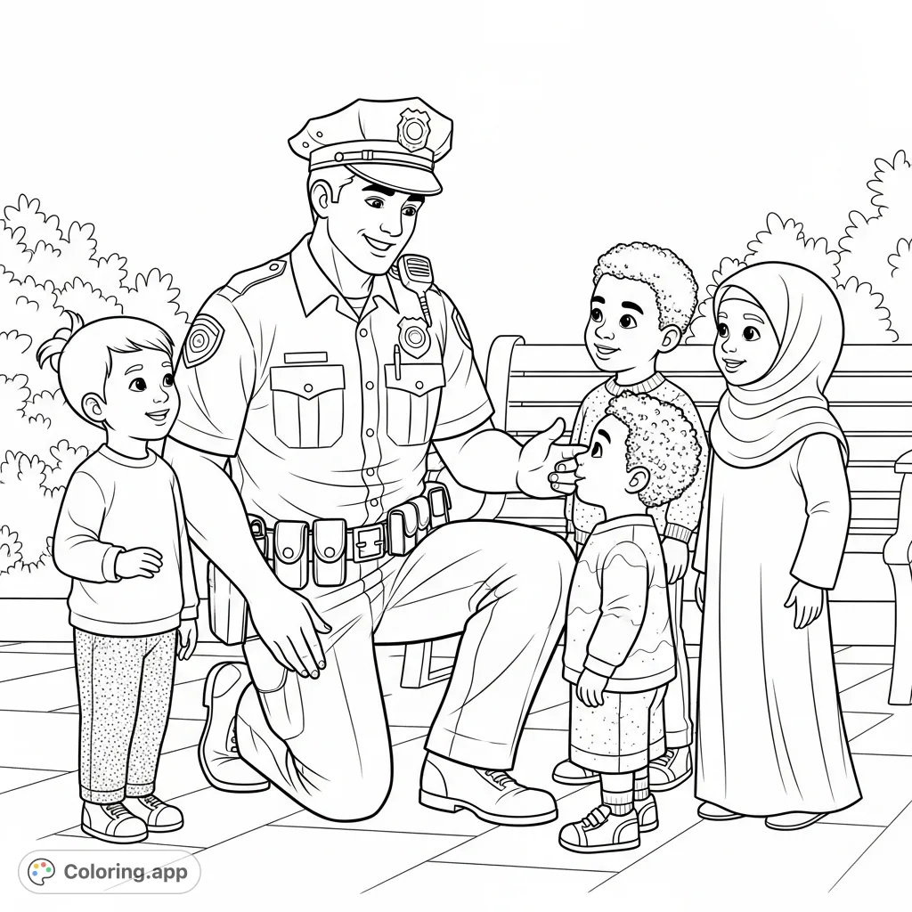 A kind police officer engages with diverse children (Chinese, African American, Hijab-wearing), fostering community trust and positive interactions.