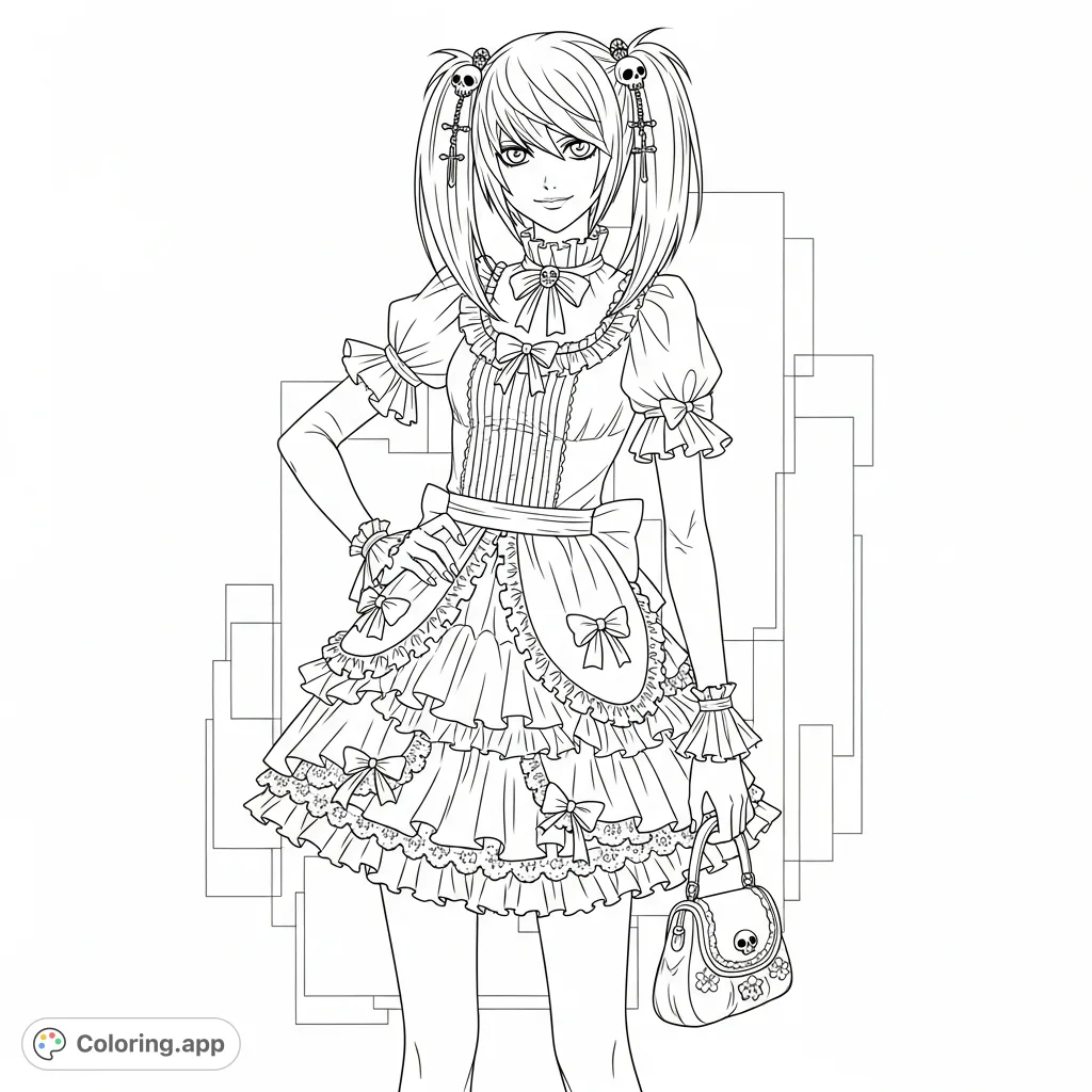 A detailed Misa Amane coloring page from Death Note. Features her iconic Gothic Lolita outfit, expressive face, and intricate accessories.