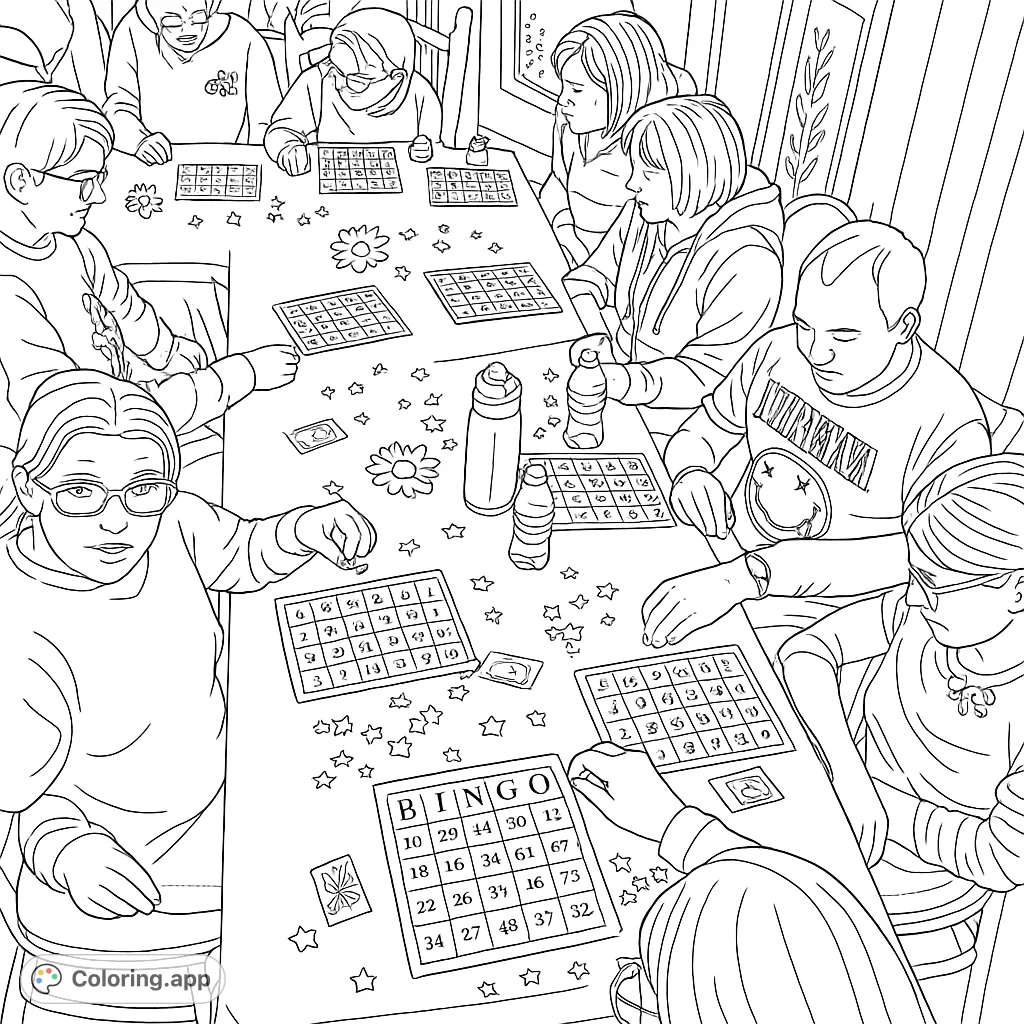 A lively scene of friends gathered around tables, engrossed in a game of bingo with cards, markers, and decorations. A fun, engaging activity for all ages.