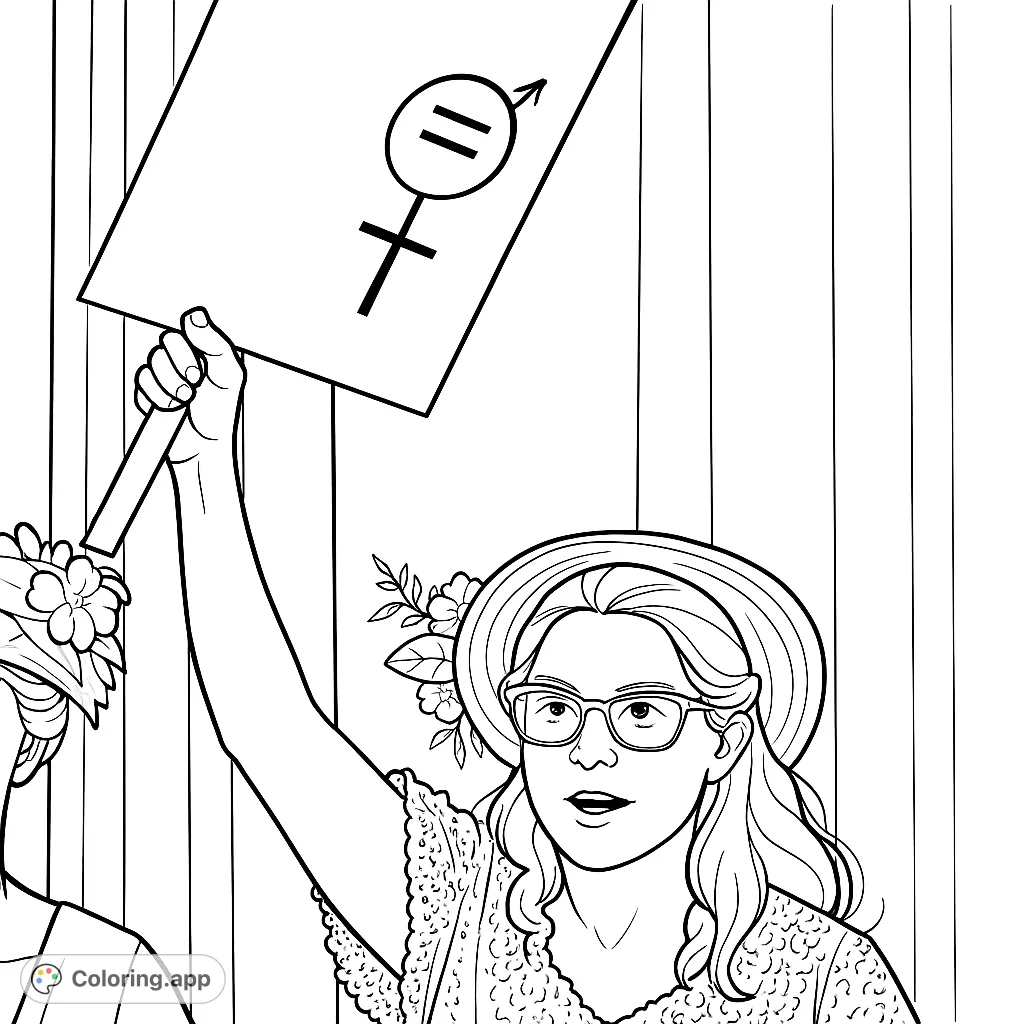 An empowering coloring page of an activist holding an equality sign, adorned with a straw hat and glasses, symbolizing social justice and advocacy.