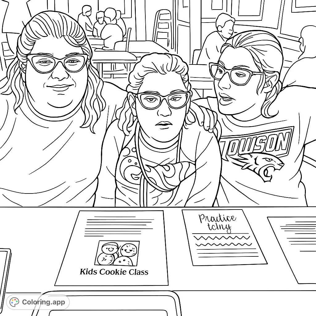 Three friends enjoy a cookie decorating class, surrounded by patterns and designs. A heartwarming scene of shared creativity and fun.