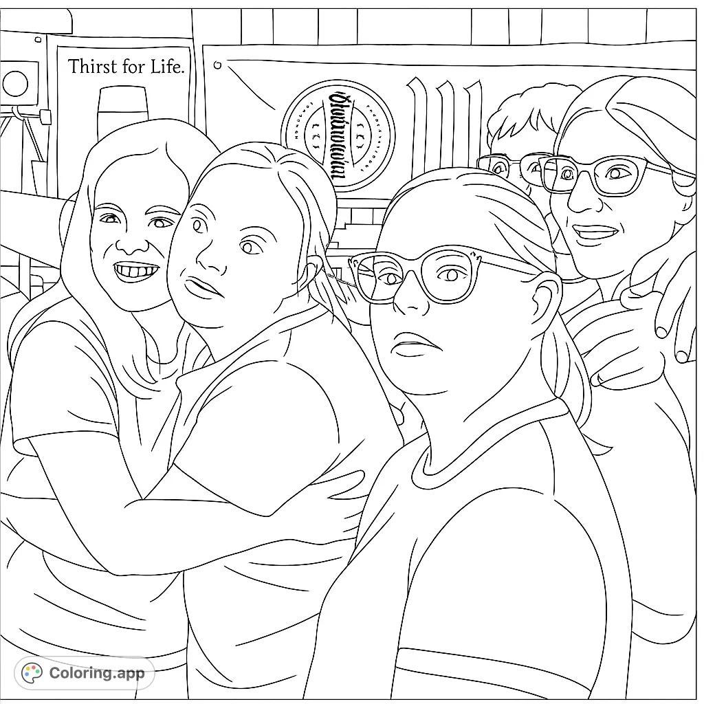A heartwarming scene of five friends embracing and smiling, featuring detailed portraits and expressive faces that celebrate connection and camaraderie.