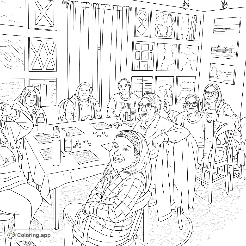 Gather around the table for a fun game! This coloring page features a lively group of individuals enjoying a friendly game, surrounded by unique artwork.