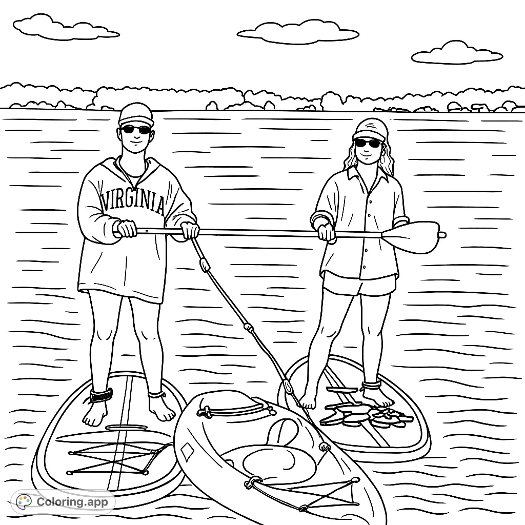 Two women enjoy paddleboarding on a sunny day, with a scenic shoreline in the background. A fun water sports coloring page for summer, capturing outdoor adventure.
