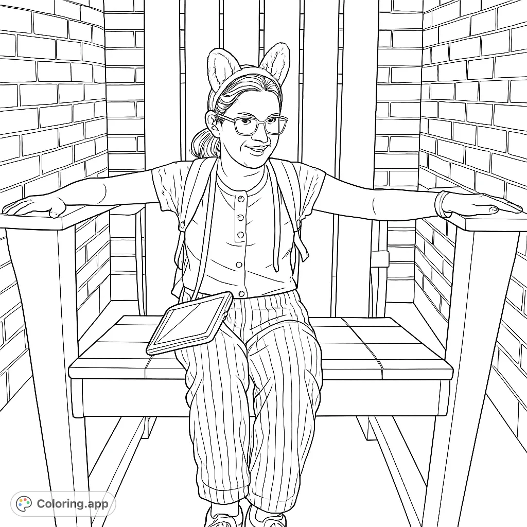 Discover a fun scene featuring a person with animal ears and a backpack, perched in an oversized Adirondack chair, ready for your creative touch.