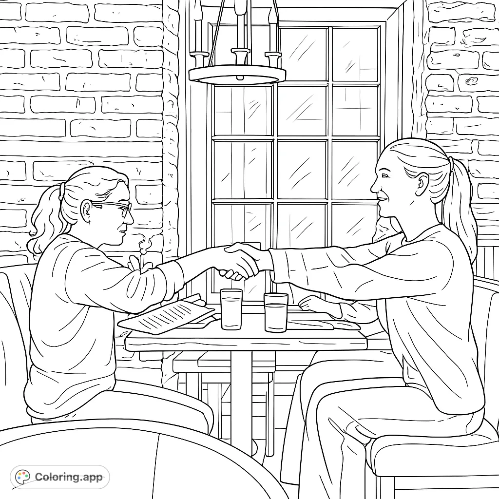 Capture a heartfelt connection with this "Shared Moment at Dinner" coloring page, featuring two friends holding hands at a cozy restaurant table. Perfect for relaxation!
