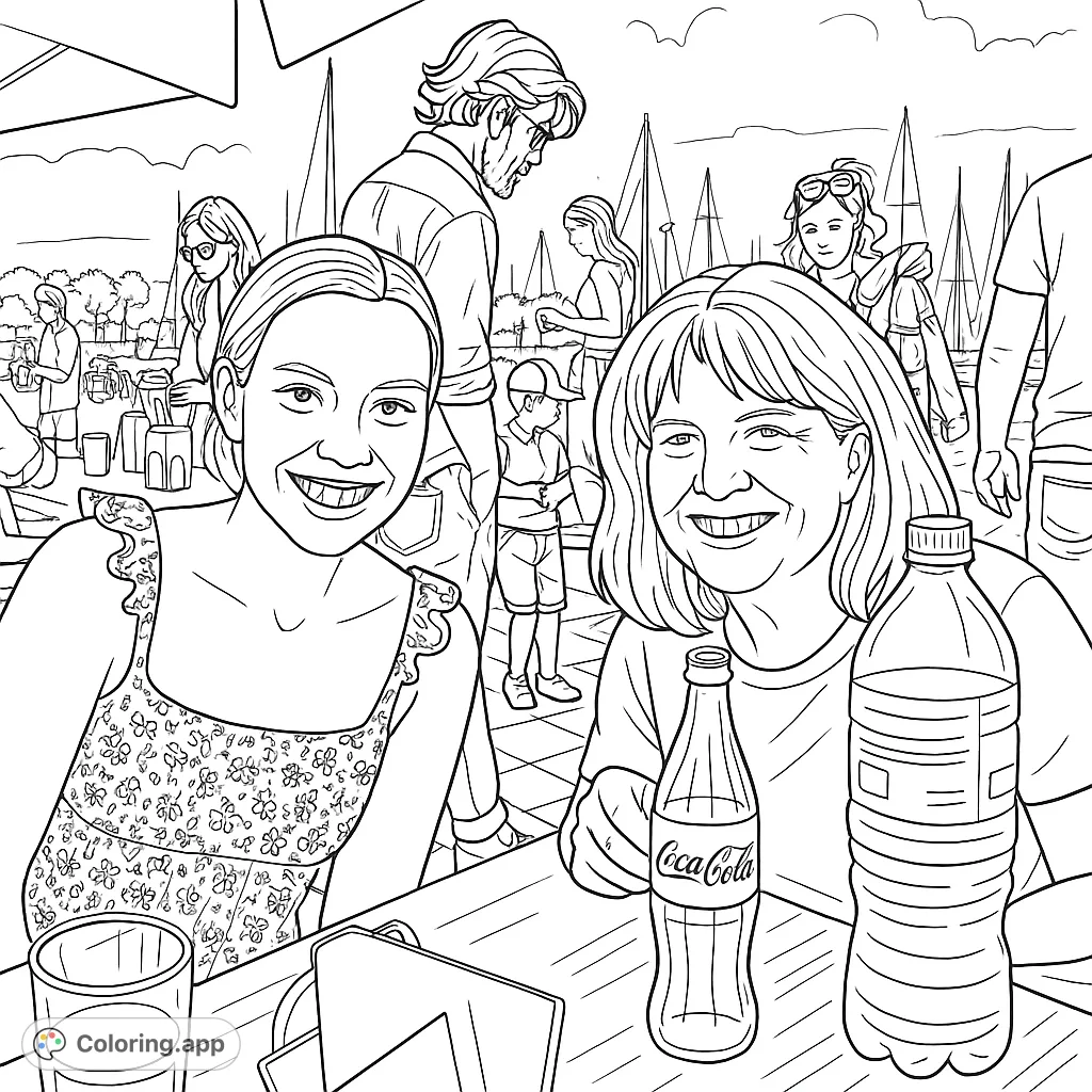 Capture a cheerful moment at a bustling harbor cafe with two smiling women enjoying drinks and the lively waterfront atmosphere.