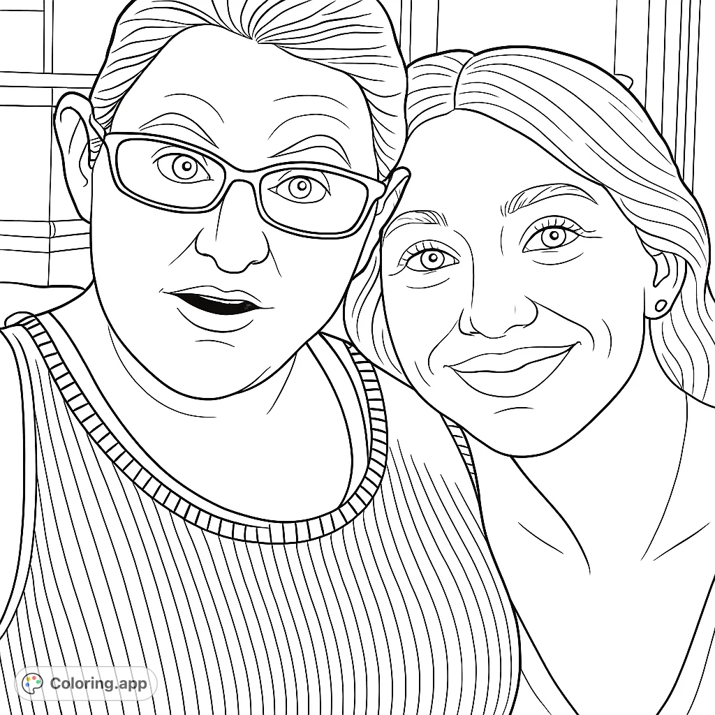 A heartwarming portrait of two friends, one with glasses and a striped top, the other smiling gently. Perfect for a personalized coloring experience.