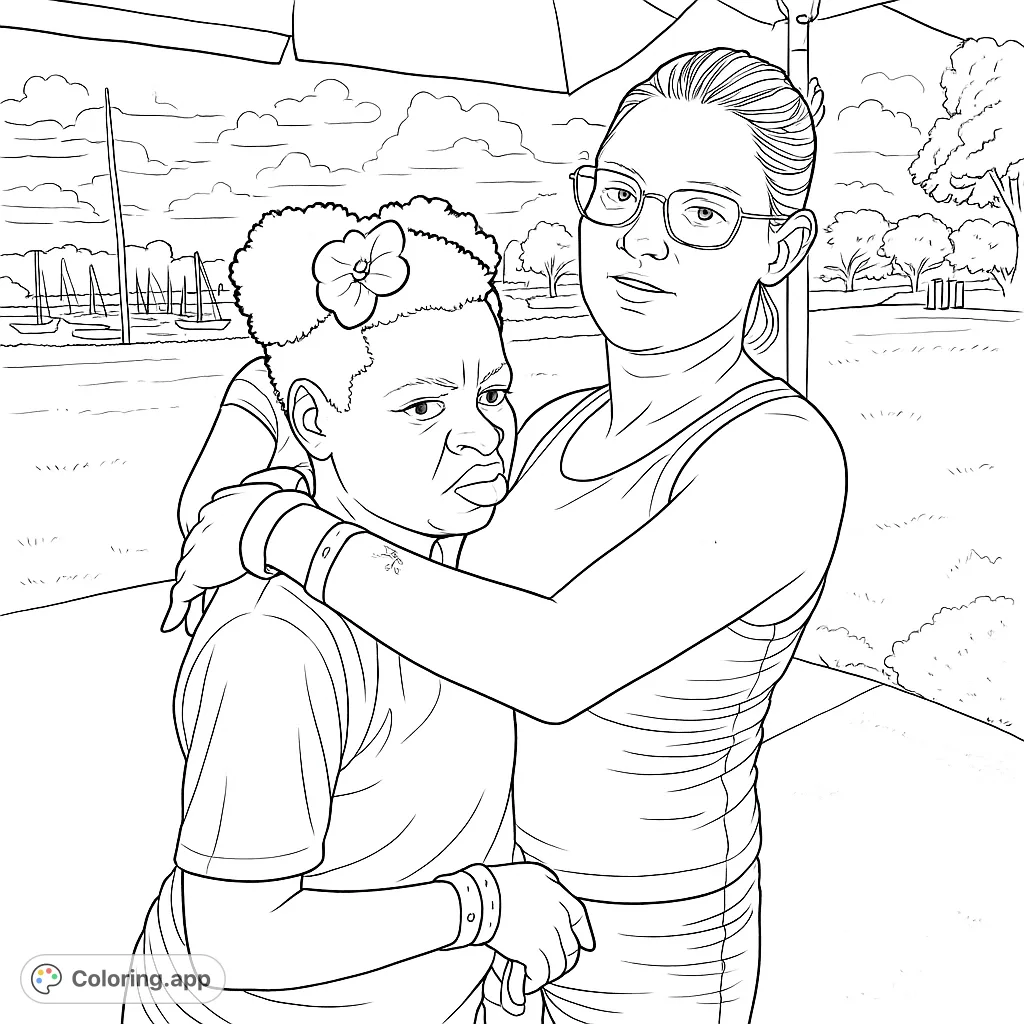 A heartwarming scene of two individuals embracing by a waterfront, featuring boats and a serene landscape, perfect for a peaceful coloring experience.