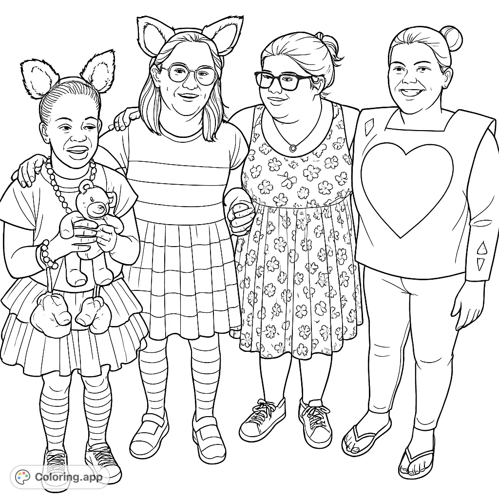 Four friends in imaginative character costumes, featuring feline ears, whimsical patterns, and a playing card design, ready for a creative coloring adventure.