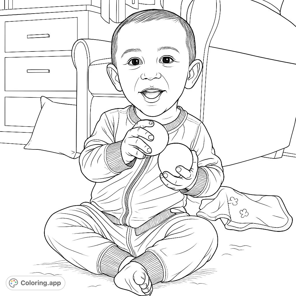 A delightful baby sits cross-legged, smiling brightly while holding two round toys. Perfect for capturing childhood joy and developing fine motor skills.