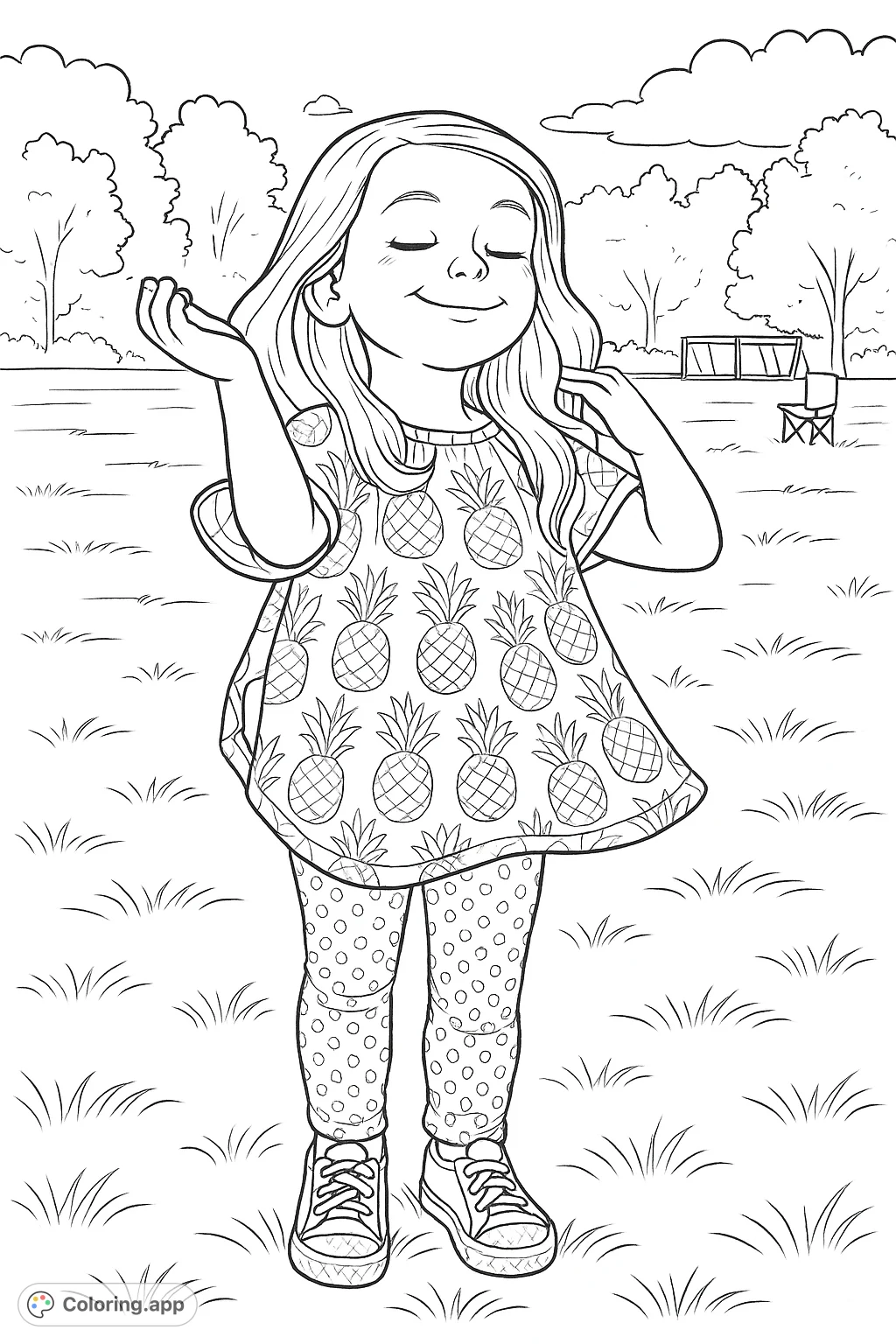 Capture the playful spirit of a child in a pineapple-patterned outfit standing in a field. This charming coloring page features intricate patterns and a serene outdoor setting.