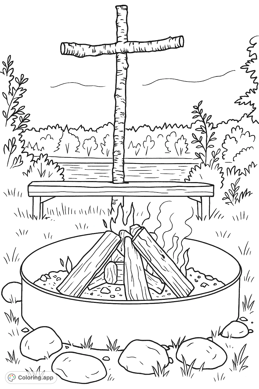 A serene outdoor scene featuring a rustic wooden cross, a crackling campfire in a pit, and a peaceful lake with a distant forest, perfect for reflection.