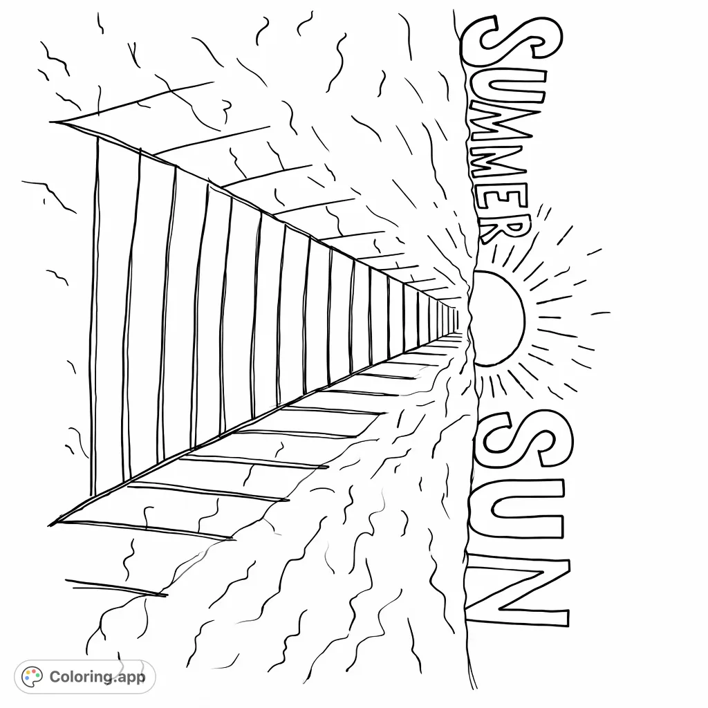 A charming summer scene featuring a perspective pathway leading to a radiant sun on the horizon, with decorative wavy patterns and 'SUMMER SUN' text. Ideal for creative coloring.